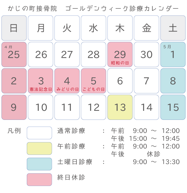 かじの町接骨院 GWの診療について