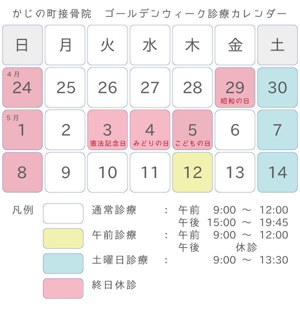 かじの町接骨院 令和4年ゴールデンウィーク期間中の診療カレンダー