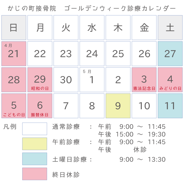 かじの町接骨院 ゴールデンウィーク診療カレンダー